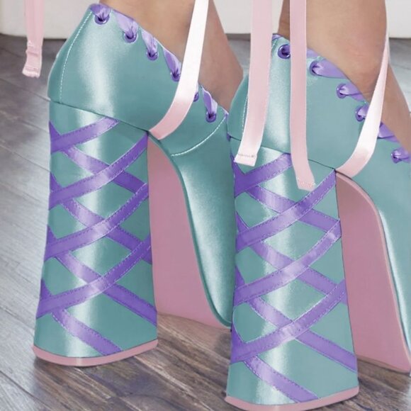 Sugar Thrillz ✦ Pastel Satin Ribbon Platforms ✦ Balletcore Pink Blue Heels NWT - Picture 5 of 10